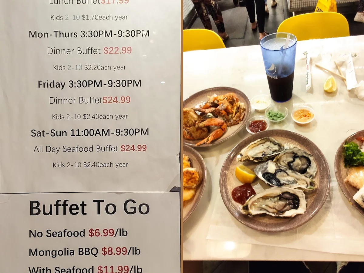 Sushi and seafood items on display