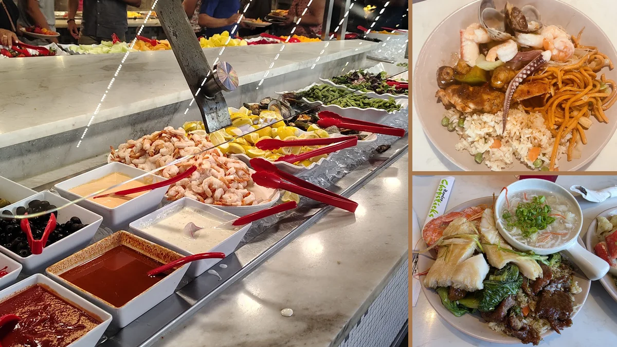 Buffet trays with assorted Asian dishes